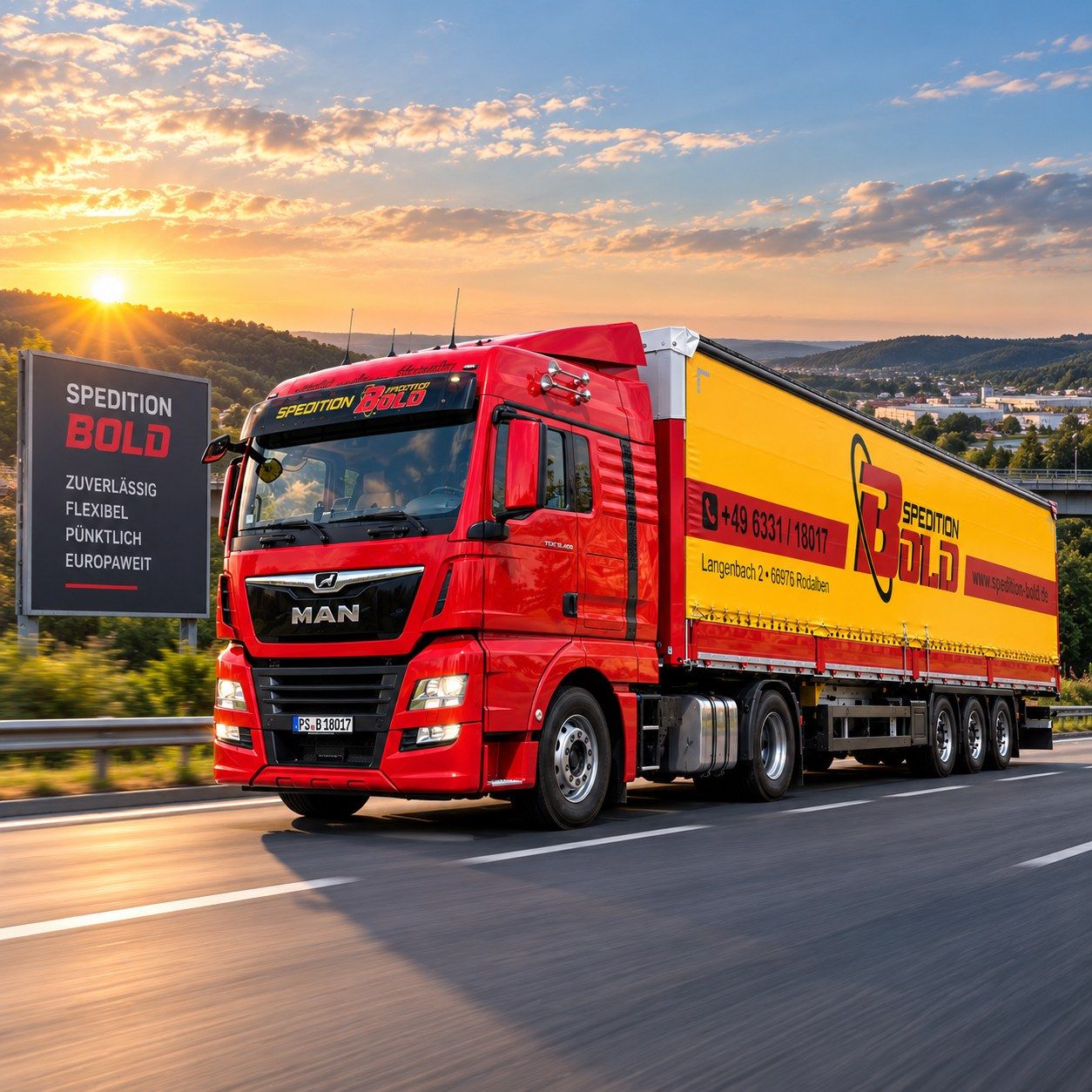 Spedition Bold LKW bei Sonnenuntergang – zuverlässig, flexibel, pünktlich, europaweit
